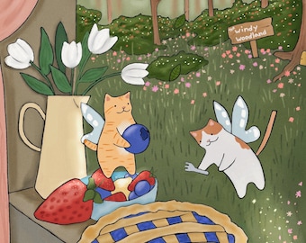 May include: Two cartoon cats with wings, one orange and one white, holding blueberries in a green grassy field with a sign that reads "The Windy Woodland". A blueberry pie, strawberries, and a pitcher of flowers are on a table in the foreground.