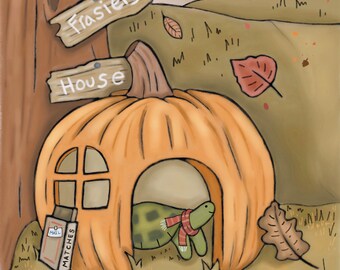May include: A cartoon illustration of a pumpkin house with a sign that reads "Frasier's House". A turtle wearing a red scarf is peeking out of the doorway. The scene is set in a forest with fall leaves scattered on the ground.