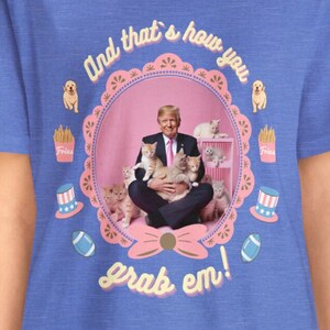 Donald Trump with Cats Funny Unisex Jersey Short Sleeve Tee, trump 2024 collection t-shirt, pink and colorful