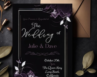 Dark Floral Wedding Invitation Template: Purple Announcement (DIY Editable Canva)