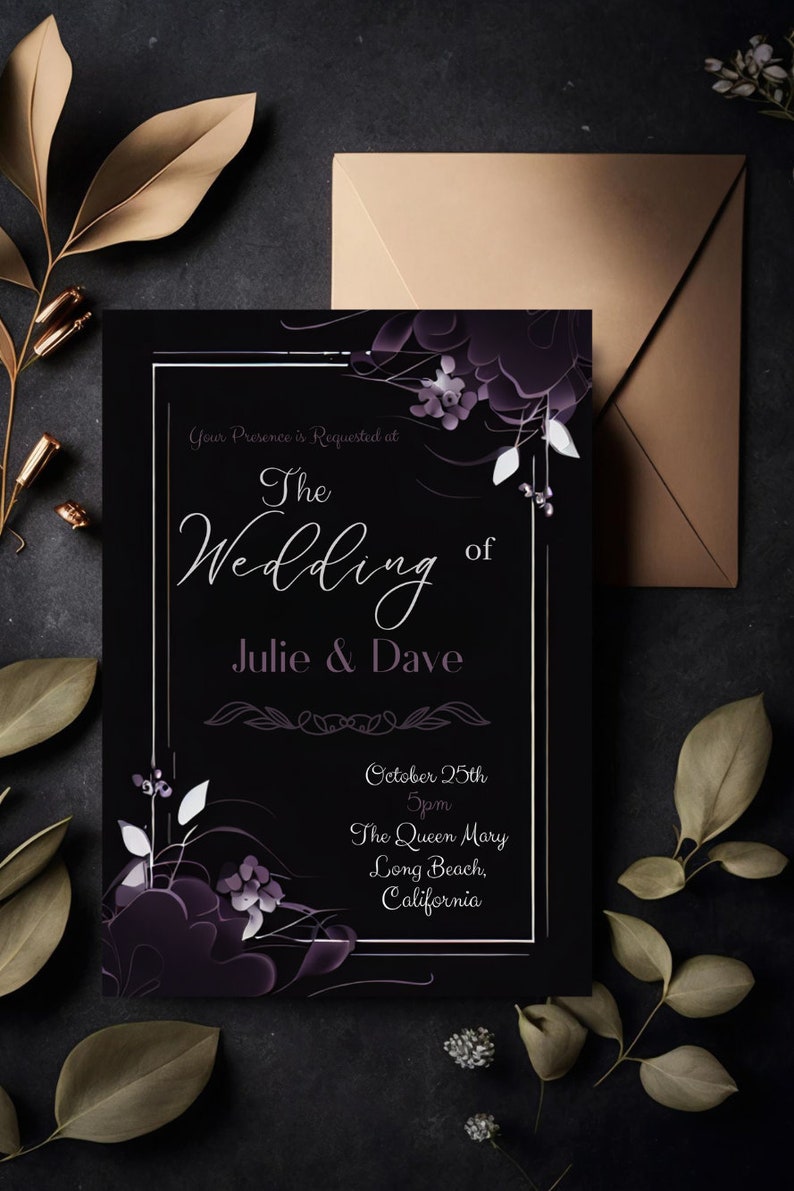 May include: A black wedding invitation with white and purple floral accents. The text reads "The Wedding of Julie & Dave" with the date, time, and location: October 25th, 5pm, The Queen Mary, Long Beach, California. A tan envelope is behind the invitation.