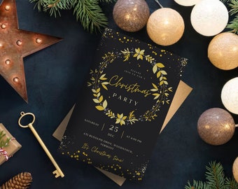 May include: A black and gold Christmas party invitation with a wreath design and the text "Please join us for a Christmas Party" and "It's Christmas time!"