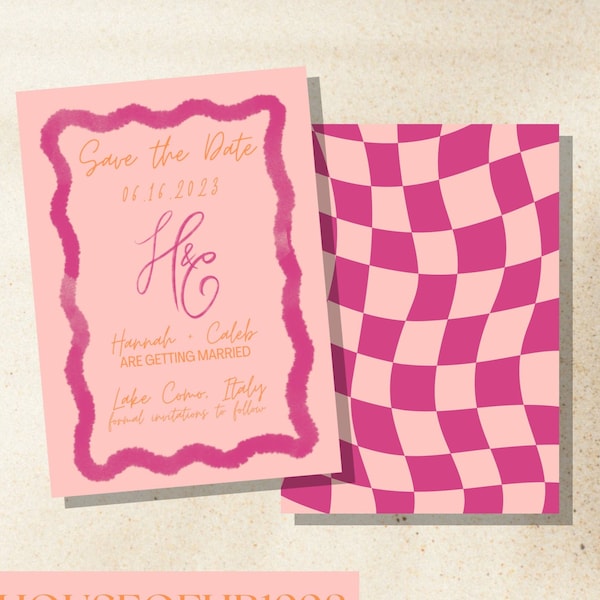 DIY Retro Trendy Wavy Border Checkered Save The Date Template | DIGITAL DOWNLOAD | Printable | Print from Canva or at home