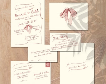 DIY Hand Drawn Bow and Ribbons Wedding Invitation Full Suite | DIGITAL DOWNLOAD | Print from Canva or at home | Trendy, simple, elegant