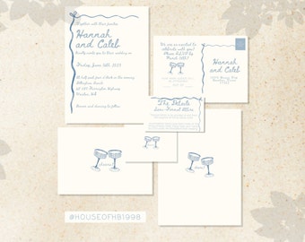 Blue Champagne Wedding Invitation Suite | Hand-Drawn Design (Digital Download)