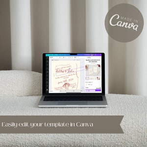 May include: A laptop computer displaying a wedding invitation template in Canva. The template features a pink and white watercolor design with the text "Ashley & John" and "June 16th, 2024". The text "Easily edit your template in Canva" is displayed below the laptop.
