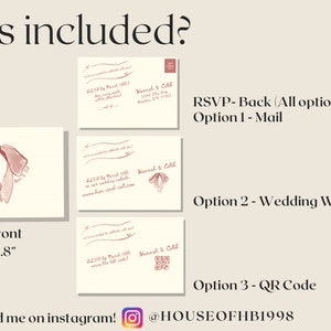 May include: A set of three RSVP cards for a wedding. The front card features a pink bow illustration. The back cards show three different RSVP options: mail, wedding website, and QR code. The text "RSVP - Back (All options included)" is printed on the back cards. The text "Find me on instagram! @HOUSEOFHB1998" is printed at the bottom of the image.