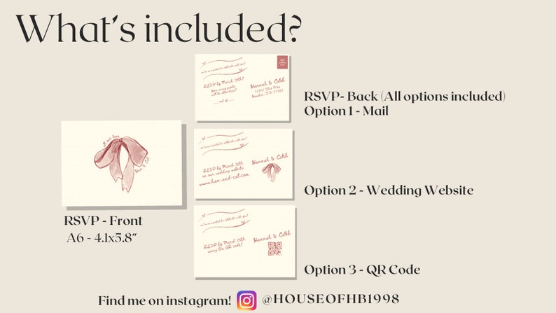 May include: A set of three RSVP cards for a wedding. The front card features a pink bow illustration. The back cards show three different RSVP options: mail, wedding website, and QR code. The text "RSVP - Back (All options included)" is printed on the back cards. The text "Find me on instagram! @HOUSEOFHB1998" is printed at the bottom of the image.