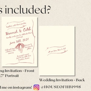 May include: A wedding invitation with a watercolor design. The front of the invitation features a scroll with the text "Together with their families, Hannah & Caleb kindly invite you to celebrate their marriage June 16th, 2024". The back of the invitation has the text "All our love, Hannah & Caleb".