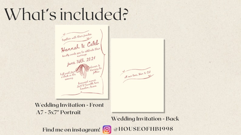 May include: A wedding invitation with a watercolor design. The front of the invitation features a scroll with the text "Together with their families, Hannah & Caleb kindly invite you to celebrate their marriage June 16th, 2024". The back of the invitation has the text "All our love, Hannah & Caleb".