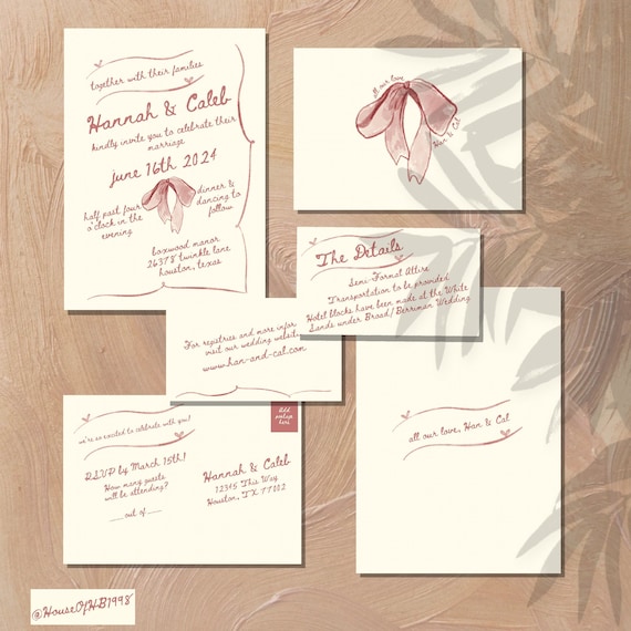 DIY Hand Drawn Bow and Ribbons Wedding Invitation Full Suite | DIGITAL DOWNLOAD | Print from Canva or at home | Trendy, simple, elegant