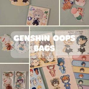 May include: A collection of Genshin Impact character stickers and keychains. The image features various character designs, including chibi-style figures, with the text "GENSHIN OOPS BAGS". The stickers are in various sizes and shapes.