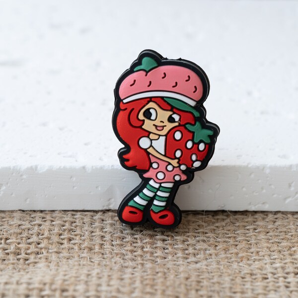 Pink girl with strawberry in her hand  silicone focal bead, focal silicone bead,  beaded pen,  silicone focal bead for pen