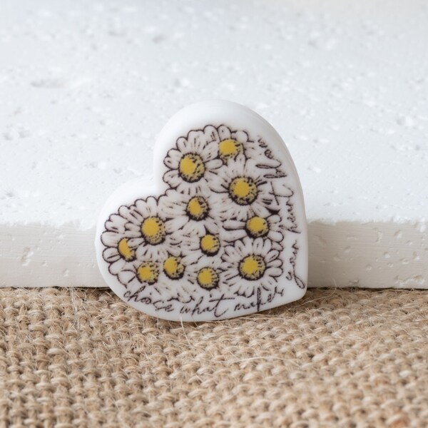 Print daisy flower heart shape silicone focal bead, printed silicone focal bead,  beaded pen,  silicone focal bead for pen