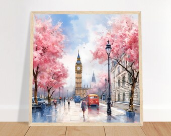 London Cityscape Wall Art Print | Enchanting Springtime Digital Download | London Travel Poster