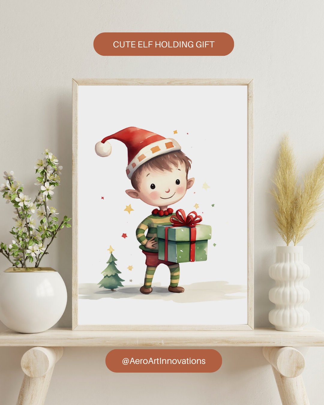 Christmas Elf Wall Art Printable Cute Elf Holding Gift Etsy
