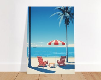 Minimal Retro Beach Wall Art Print | Vintage Coastal Decor | Serene Ocean View with Red Umbrella and Chairs | Digital Download