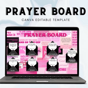 May include: A digital laptop screen displaying a pink and black prayer board template with the text "PRAYER BOARD" in large black letters. The board is divided into sections with different categories such as "self", "finance", "relationships", "school", and "faith". Each section contains inspirational quotes and bible verses.