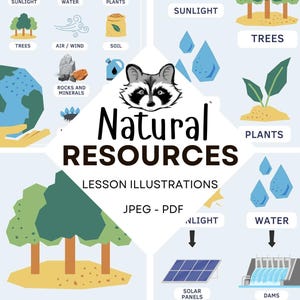 May include: An illustration of natural resources, including sunlight, water, plants, trees, air, wind, soil, and rocks and minerals. The illustration also shows how these resources can be used to generate energy, such as solar panels and dams.