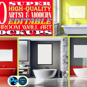 20 Bathroom Editable Frame Mockups | PSD & JPG Mega Bundle | High-Quality, High-Res - Modern, Stylish, Minimalist, and Colorful Art Mockups