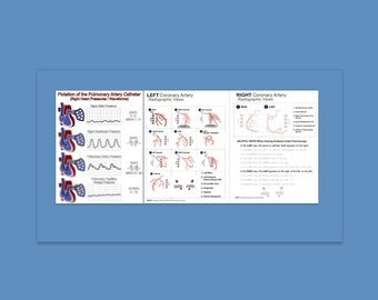 Könnte beinhalten: Ein Diagramm, das die Flotation eines Lungenarterienkatheters mit einem entsprechenden Diagramm der Rechtsherzdrucke zeigt. Das Diagramm zeigt auch die radiographischen Ansichten der linken und rechten Koronararterien.