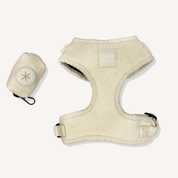 Beige Cream Dog Matching Corduroy Set Harness Adjustable | Cream | Leash | Cushioned | Soft Padded | Modern | No Pull | Leash Lead Poo Bag