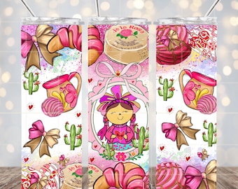 Peut inclure: Un gobelet rose et blanc avec un motif coloré représentant une fille en robe mexicaine traditionnelle, des cœurs, des nœuds et des pâtisseries. Le texte "Je la Rosa" est sur le gobelet.