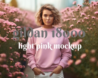 Gildan 18000 Light Pink Crewneck Sweatshirt Mockup POD Print on Demand Digital Mockup Summer Mock Up Cottagecore Floral Flowercore Bloomcore