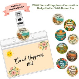 Puede incluir: Un portatarjetas transparente con un clip metálico, con un botón y varios pines decorativos. El portatarjetas tiene el texto "Eternal Happiness 2026" y detalles florales. Los pines tienen varios diseños y el texto "Eternal Happiness 2026".