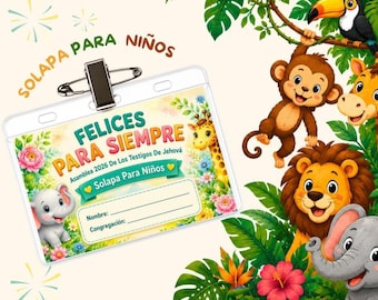 JW Solapa Para Niños, Asamblea Felices Para Siempre 2026, JW Kids Badge, 2026 Eternal Happiness Convention Namensschild, entzückende Tiere Dschungel