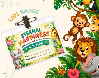 Odznaka konwencji JW Kids, 2026 wieczne szczęście dla dzieci plakietka z imieniem, odznaka motywu zwierzęcej dżungli, Solapa Para Niños, Asamblea Felices Para Siempre