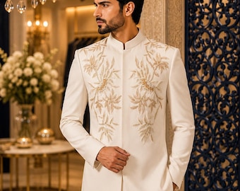 Luxe ivoor bloemen geborduurd jodhpuri-pak voor heren, bruidegom bruiloft Bandhgala-set