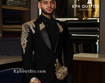 Black Gold Groom Tuxedo Suit  | Hand Embroidered Wedding Reception Wear | Luxury Designer Tuxedo
