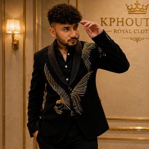 Black Golden Eagle Embroidered Tuxedo Blazer, Luxury Groom Wedding Jacket, Satin Peak Lapel Suit,