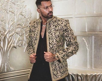 Black Velvet Gold Zari Embellished Bandhgala Suit, Hardik Pandya jacket,  Groom Wedding Wear Jacket