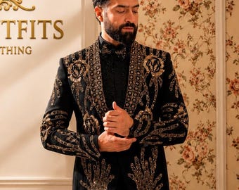 Black Gold Embroidered Tuxedo Suit | 3 Piece Groom Wedding Suit | Luxury Reception Wear