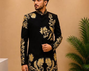 Black Gold Embroidered Sherwani for Men | Luxury Groom Wedding Sherwani | Designer Indo Western Outfit