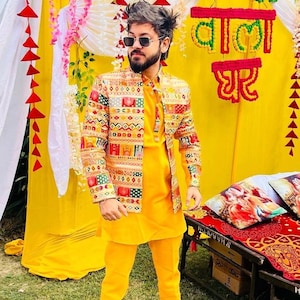 front view mustard jodhpuri set with jacket – Kph Outfits