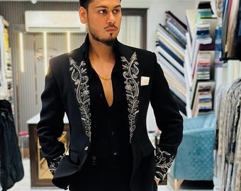 Black Silver Hand Embroidered Tuxedo Suit for Men | Luxury Groom Wedding Tuxedo | Reception wear