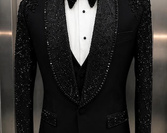 Traje de esmoquin negro adornado a mano, blazer de novio con detalles de cristal, chaqueta de esmoquin de lujo de diseñador para graduación.