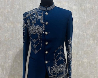 Turks blauw handgeborduurd jodhpuripak, luxe bruidegom bruiloftsreceptie, op maat gemaakt