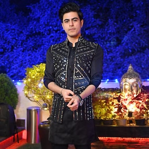 Black mirror work Nehru jacket set with kurta pajama for men’s wedding and groom wear