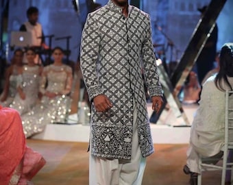 Men&#39;s Black With White Thread Embroidery Srk Style Sherwani Set | Wedding Bollywood Style Designer Sherwani Set | Stylish  Men&#39;s Sherwani