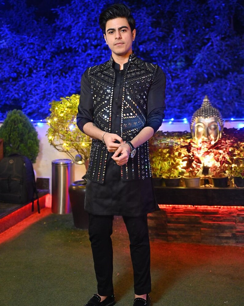 Black mirror work Nehru jacket set with kurta pajama for men’s wedding and groom wear