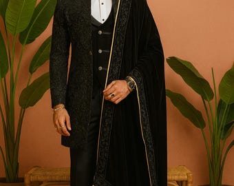 Black Velvet Open Tuxedo Suit with Shawl – Groom Wedding Wear | Kph Outfits