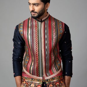 Navy Blue Nehru Jacket & Kurta Set – Multi-Colour Embroidery Waistcoat | Groom Wear | Kph Outfits