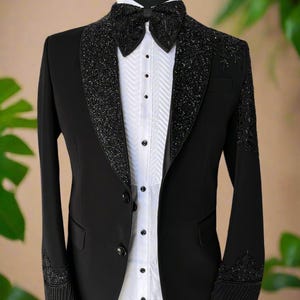 front view black tuxedo with cut-dana embroidery – Kph Outfits
