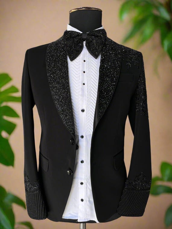 Men’s Black Cut-Dana Embroidered Tuxedo Suit – Designer Wedding & Reception Wear | Kph Outfits
