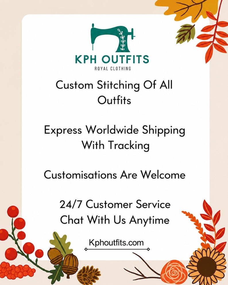 May include: A cream-colored graphic with the text "KPH OUTFITS ROYAL CLOTHING" and the tagline "Custom Stitching Of All Outfits." Additional text includes "Customisations Are Welcome" and "24/7 Customer Service Chat With Us Anytime."