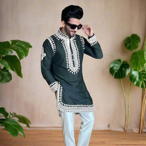 Men’s Green Mehndi Ceremony Kurta Set – Machine Embroidery for Groom | Kph Outfits